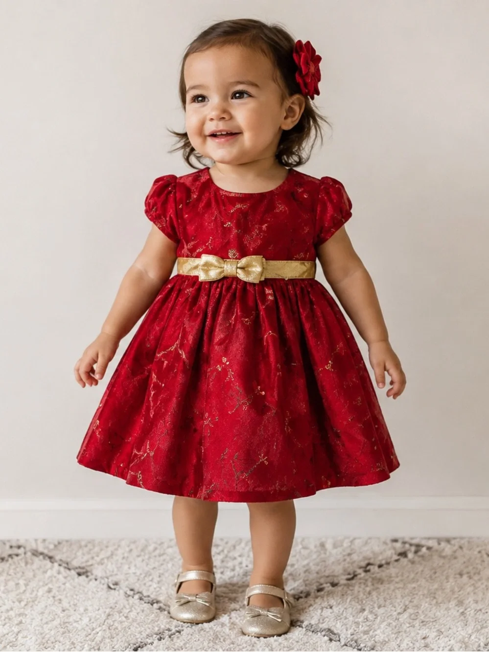 George Baby Girls 24M Red Christmas Holiday Dress Gold Bow Festive